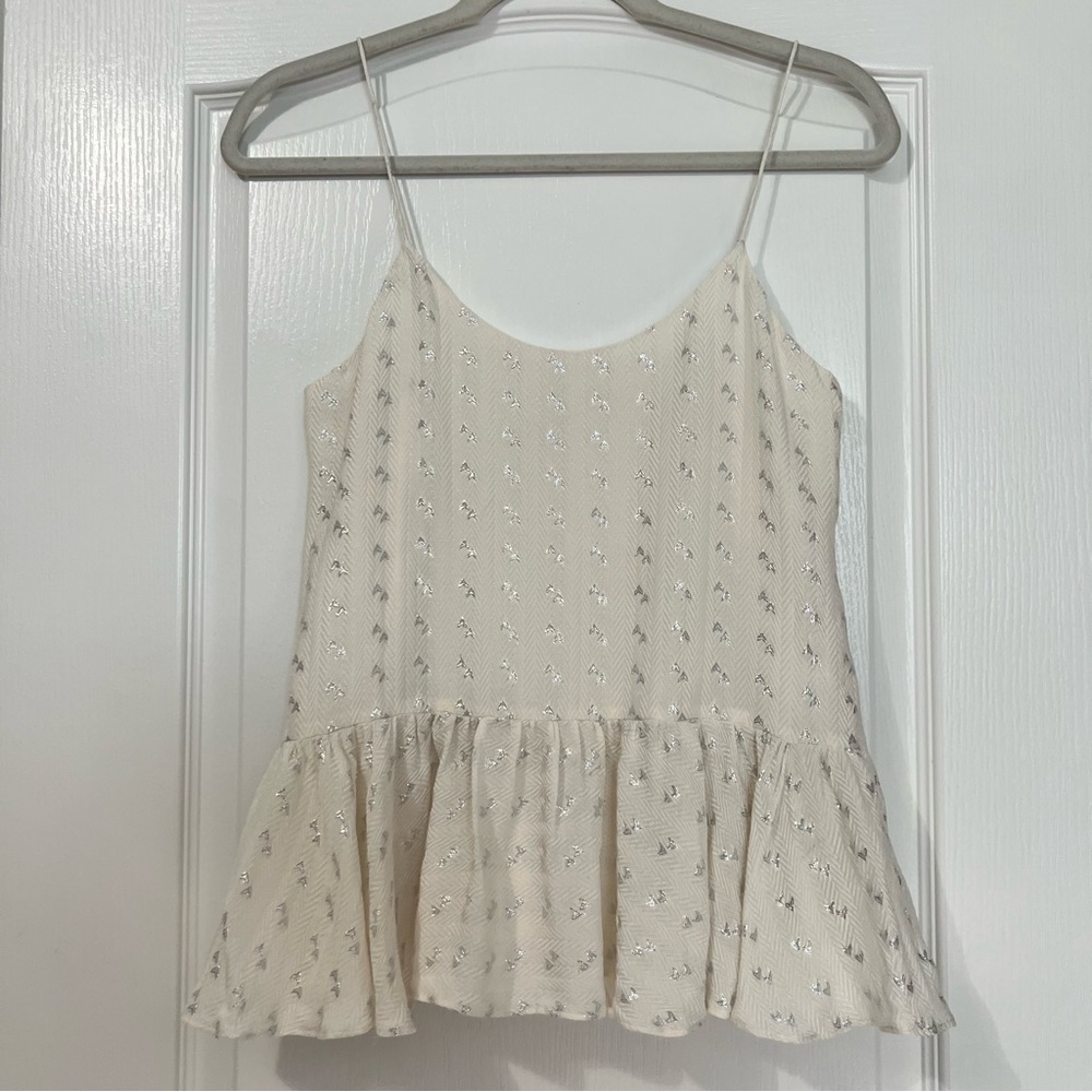 Club Monaco Silk Blend Cream and Silver Metallic Peplum Top